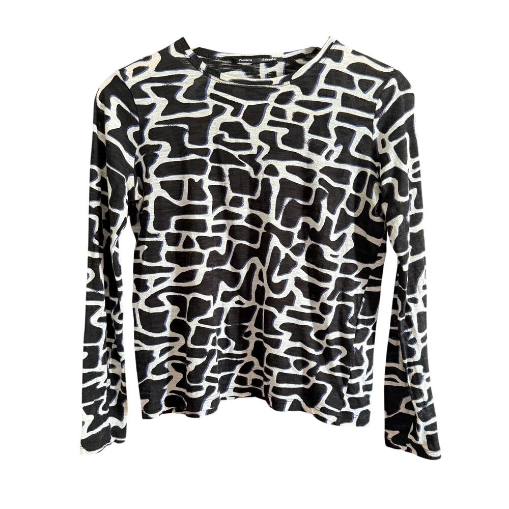 PROENZA SCHOULER | Black and White Graphic Print Slub Cotton Long Sleeve Tee XS